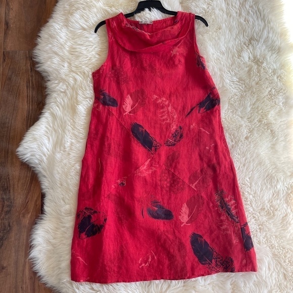 Carina Ricci Cowl Neck Feather Print Linen Dress S - Picture 1 of 6